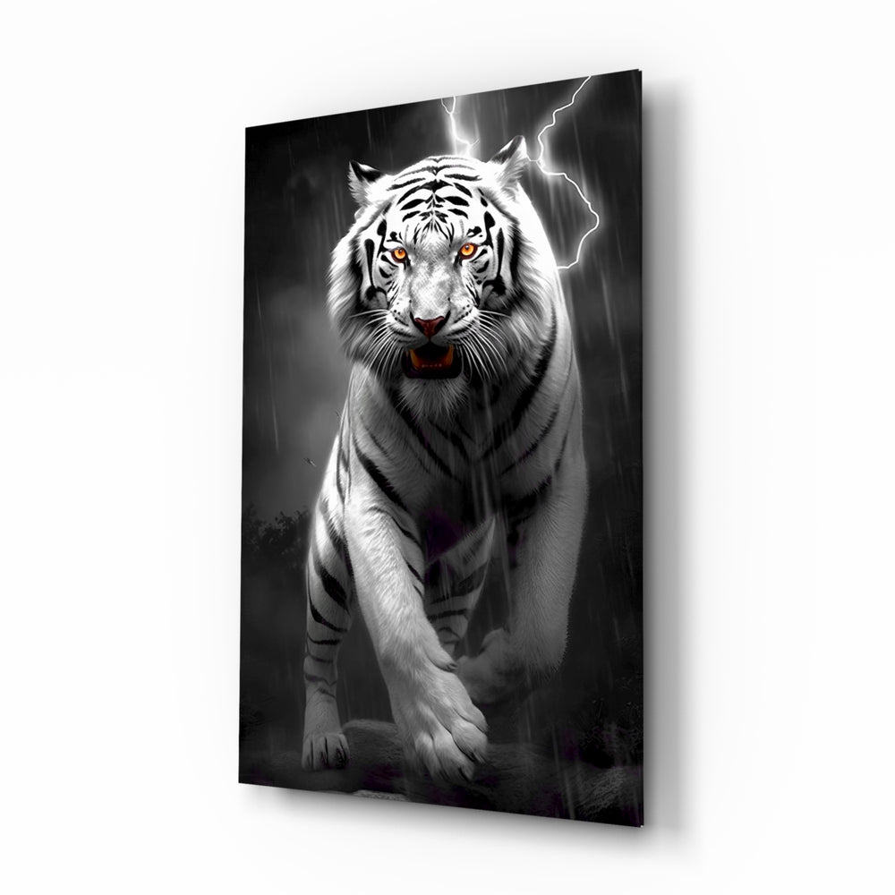 Tiger's Wrath glass wall art displayed above a leather sofa in a man cave with collector pulse