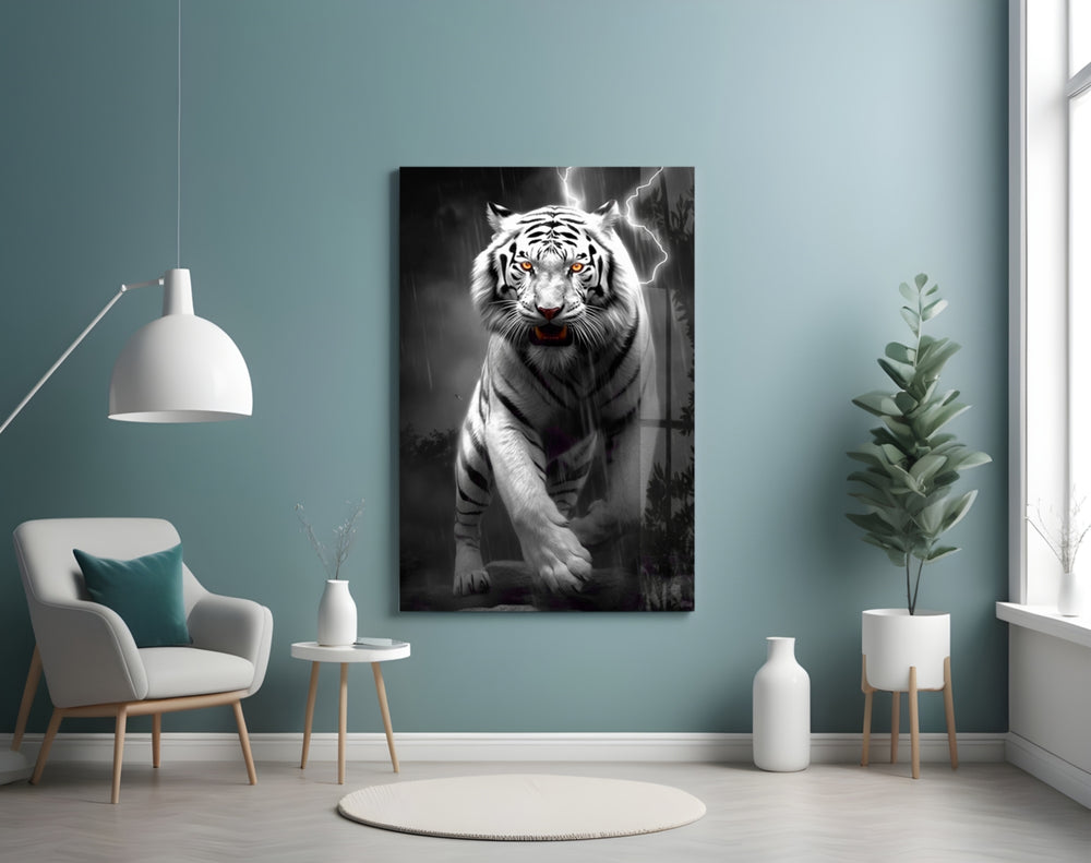 Tiger's Wrath glass wall art styled above a console in a study