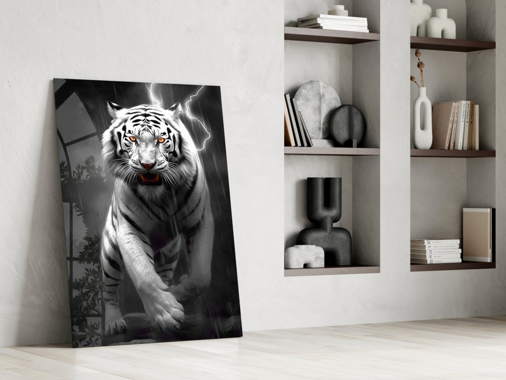 Tiger's Wrath glass print enhancing a hallway with dramatic palette