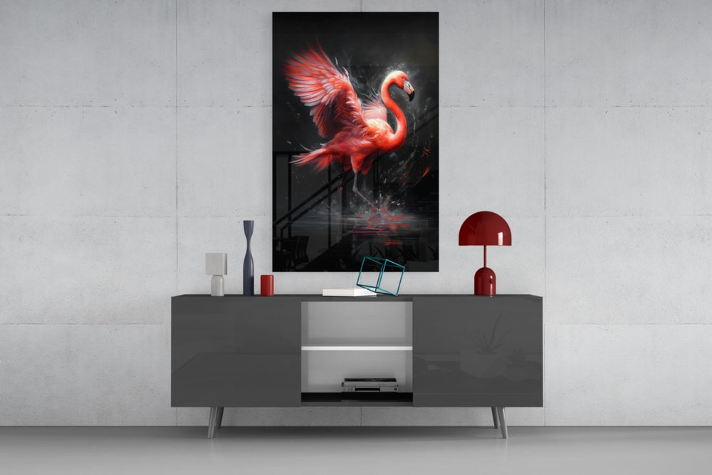 Flamingo panel catching lamp light to reveal its painterly fire