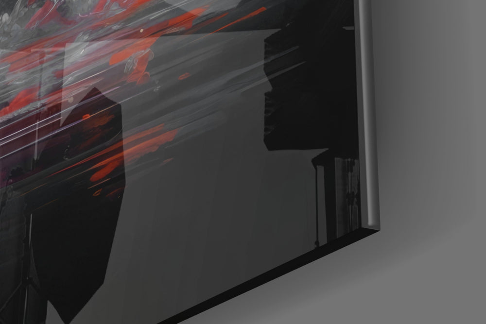 Wading-muse artwork anchoring a wall with coral-and-onyx palette