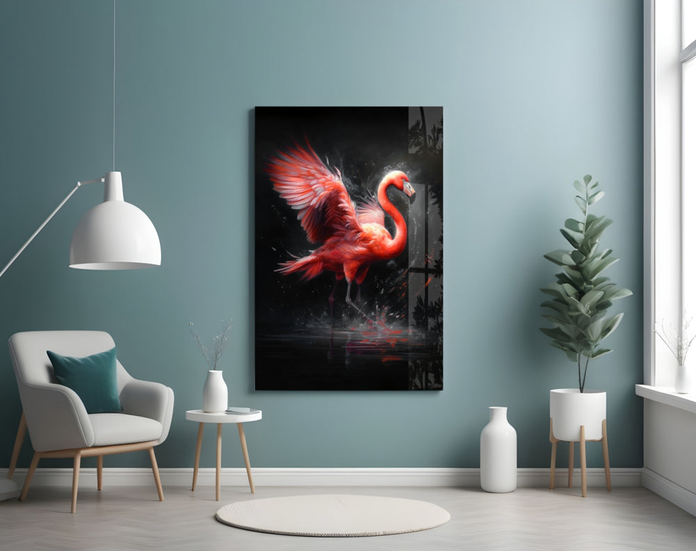 Flamingo glass wall art styled above a velvet bench in a powder room
