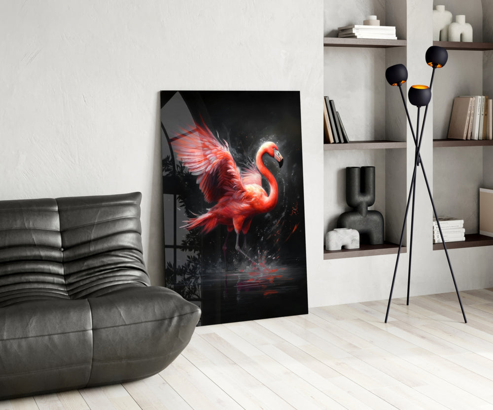 Flamingo panel adding editorial drama to a hallway