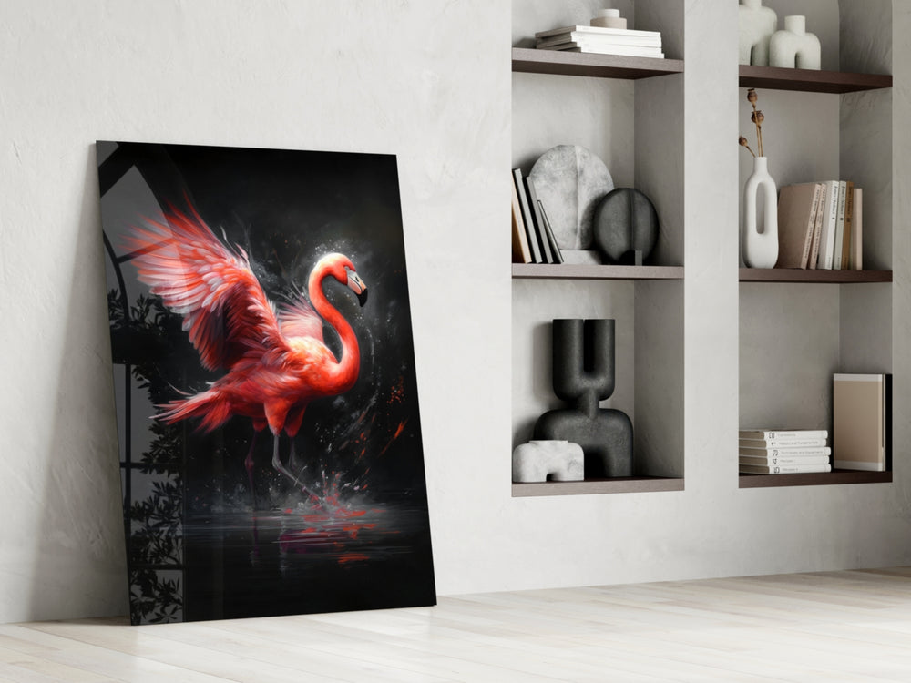 Flamingo glass print enhancing a dressing room with coral palette
