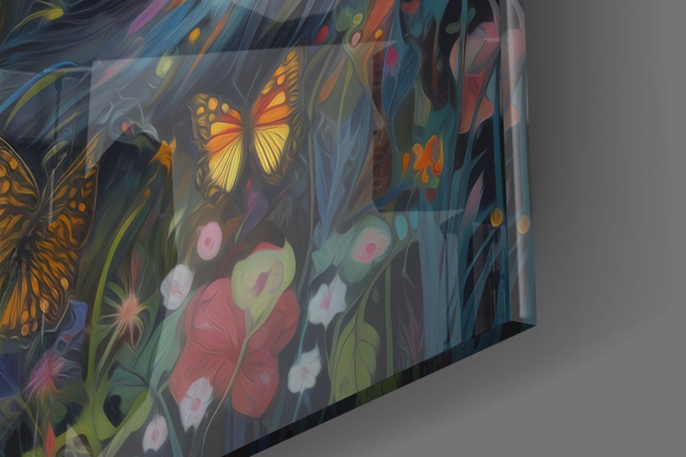 Meadow-muse artwork anchoring a wall with rust-and-sapphire palette