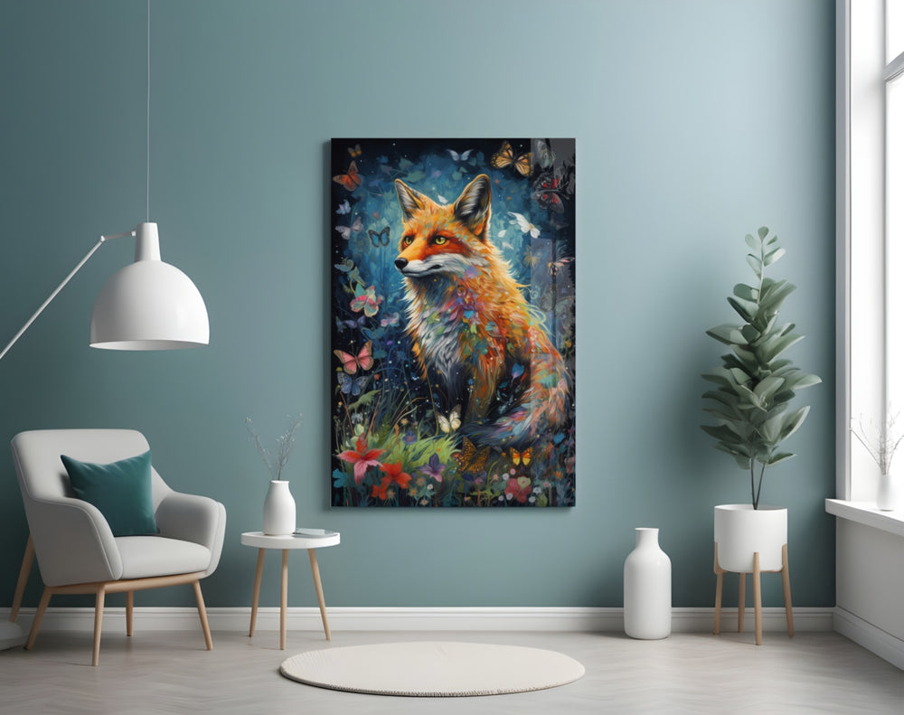 The Fox glass wall art styled above a console in a contemporary living room