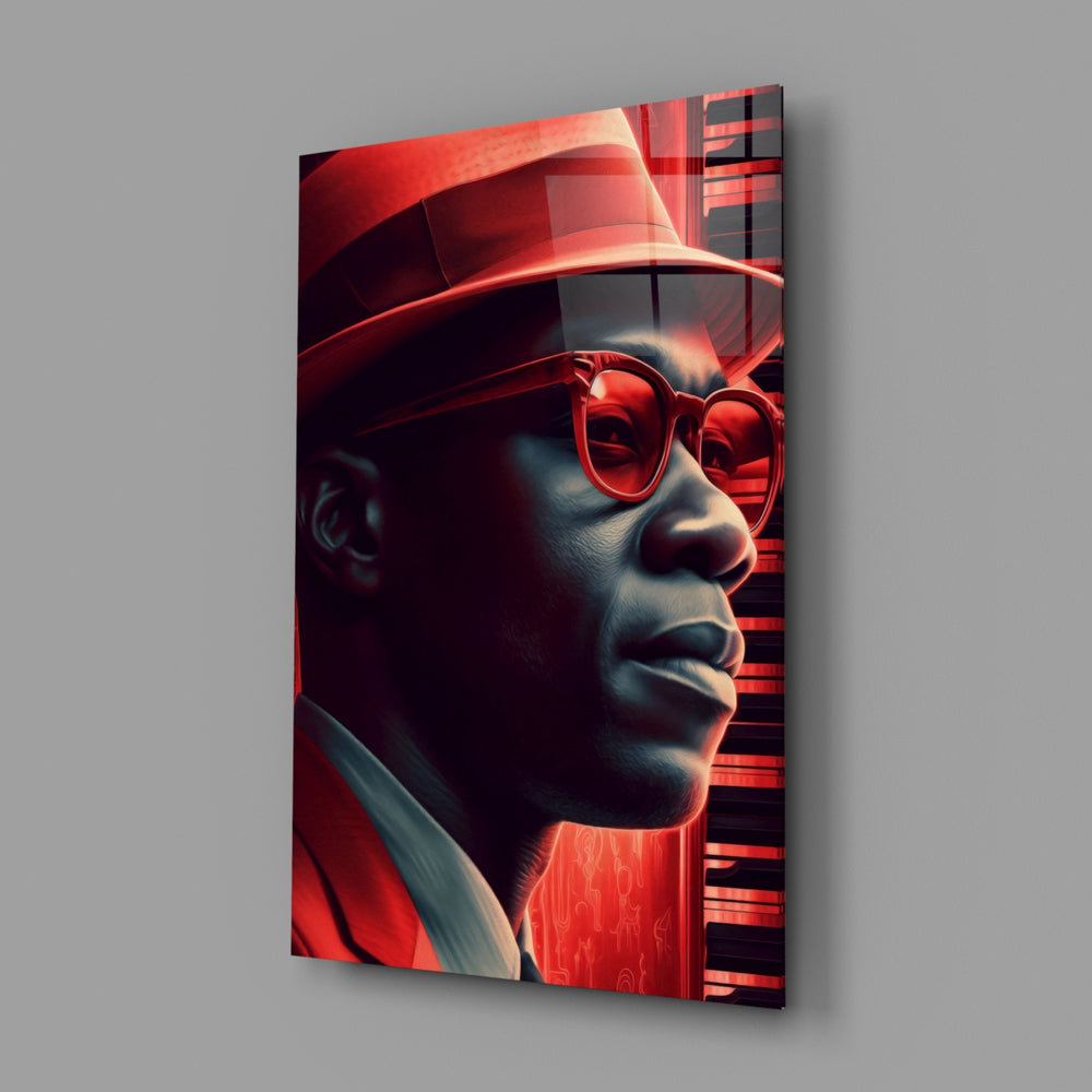 Jazz-poster panel bringing painterly cool to a contemporary lounge