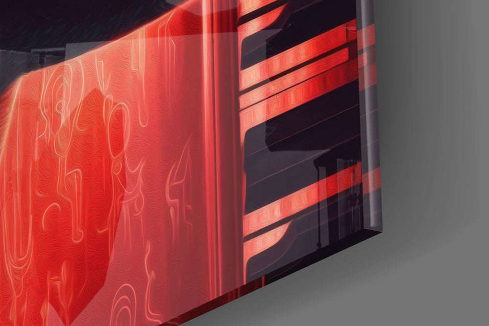 Club-muse artwork anchoring a wall with scarlet-and-slate palette