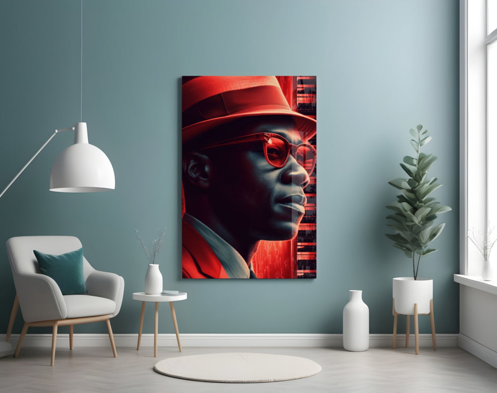 Jazz glass wall art styled above a leather sofa in a bar wall