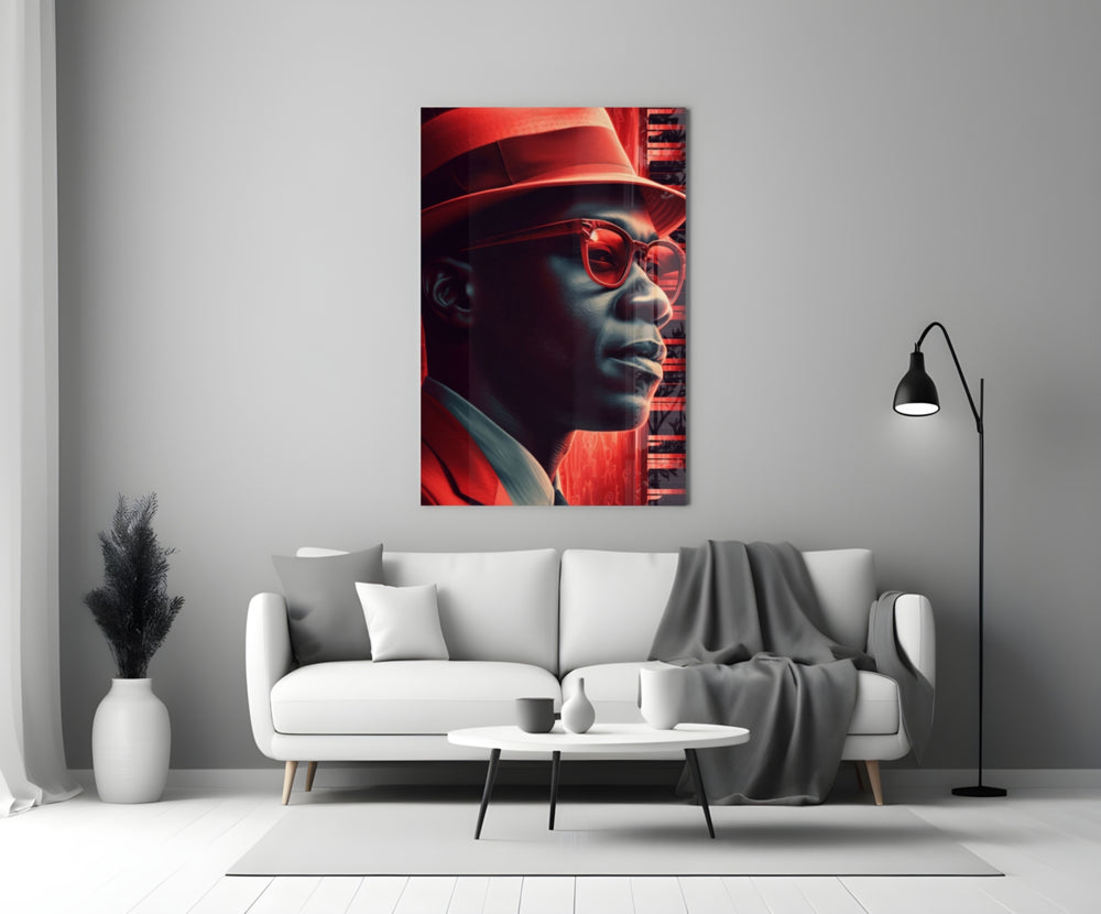 Jazz close-up showing fedora, red sunglasses and crimson piano keys