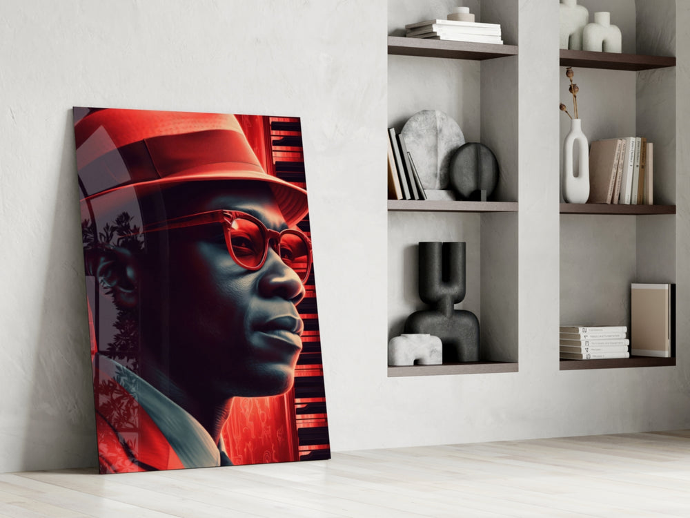 Jazz glass print enhancing a study with music-forward palette