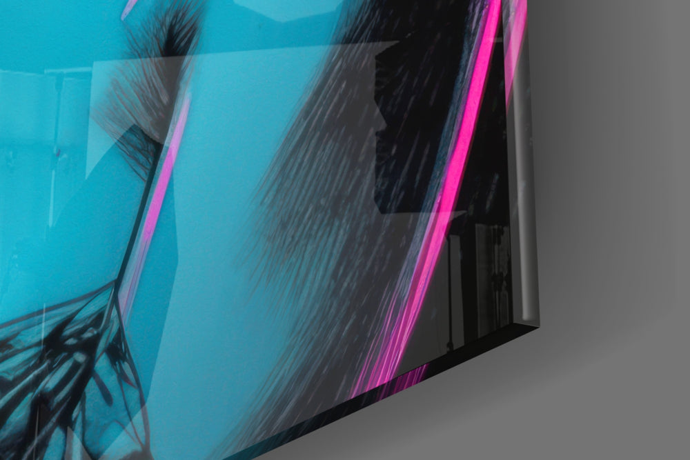 Serene-muse artwork anchoring a wall with cyan-and-magenta palette