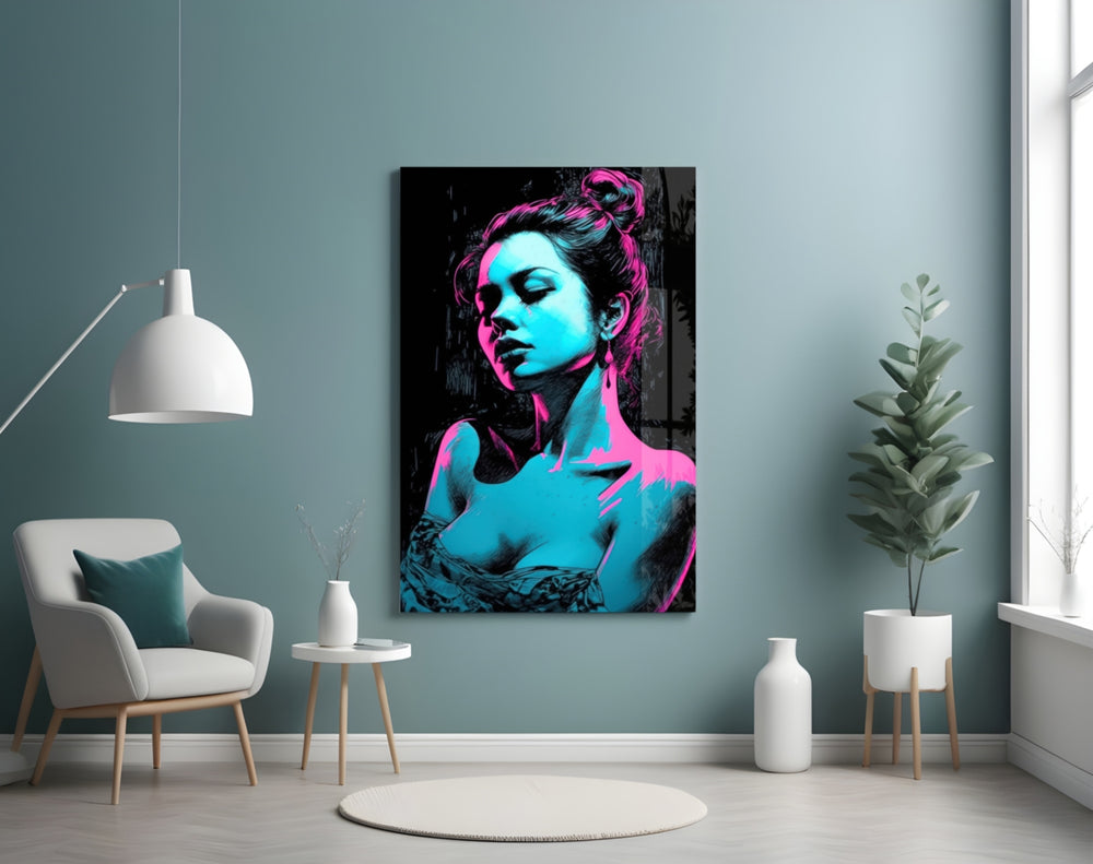 Girl glass wall art styled above a velvet bench in a powder room