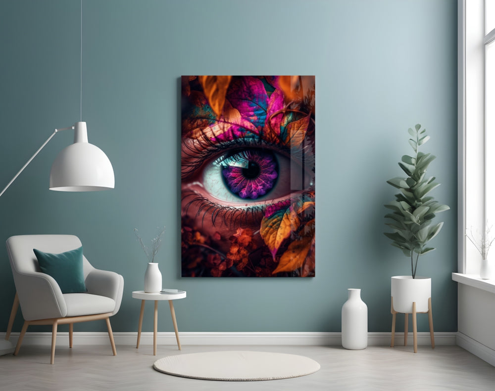 The Eye glass wall art styled above a console in a dressing room