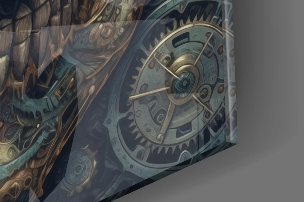 Clockwork-muse artwork anchoring a wall with bronze-and-teal palette