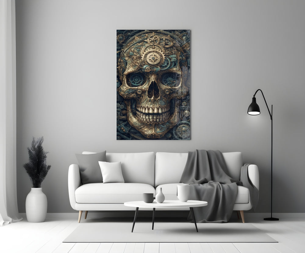 The Skull close-up showing brass gears and teal copper plates