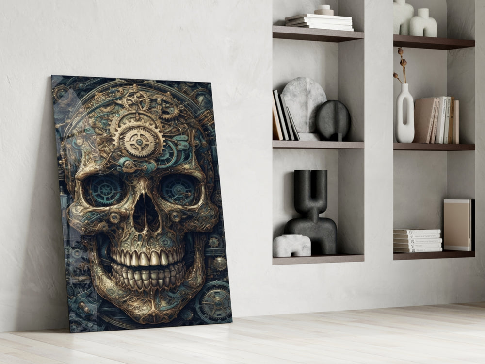 The Skull glass print enhancing a media room with mechanical palette