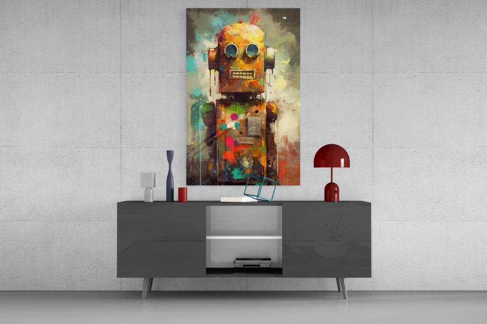 Robocute panel catching lamp light to reveal its painterly grit
