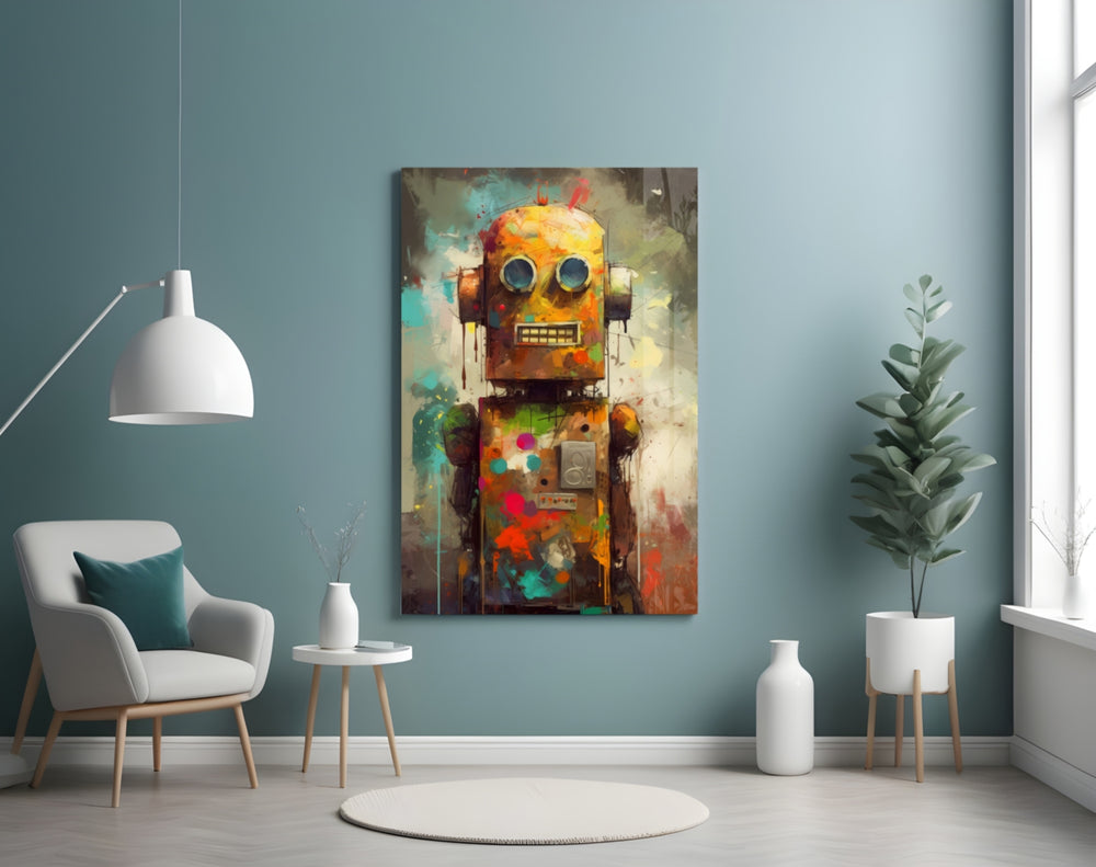 Robocute glass wall art styled above a console in a media room