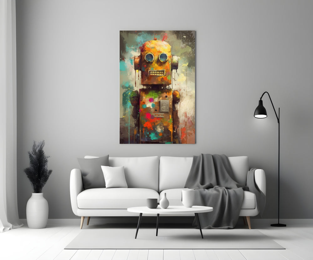 Robocute close-up showing yellow domed head and graffiti splatter torso