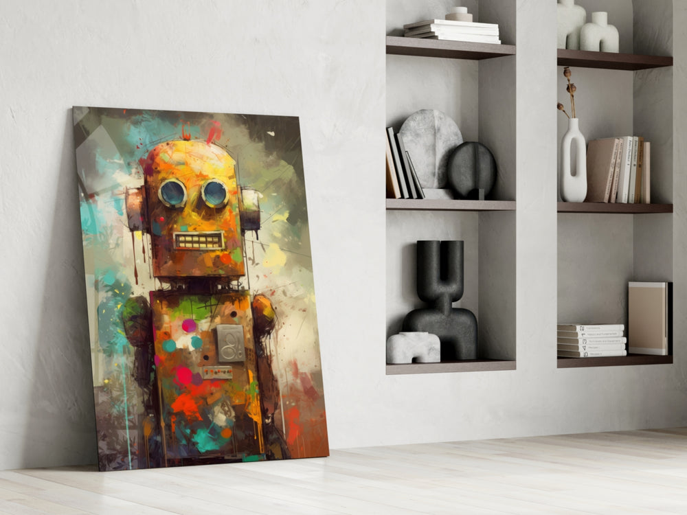 Robocute glass print enhancing a den with retro palette