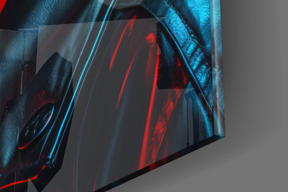Neon-muse artwork anchoring a wall with crimson-and-teal palette
