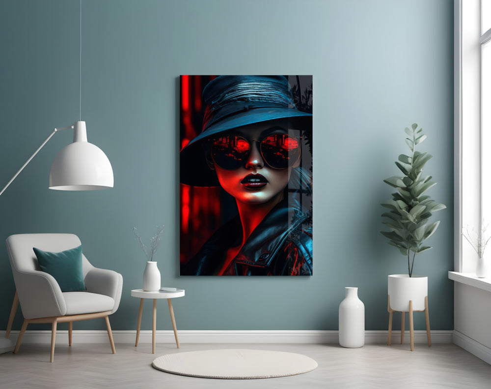 Style and Woman glass wall art styled above a velvet bench in a powder room
