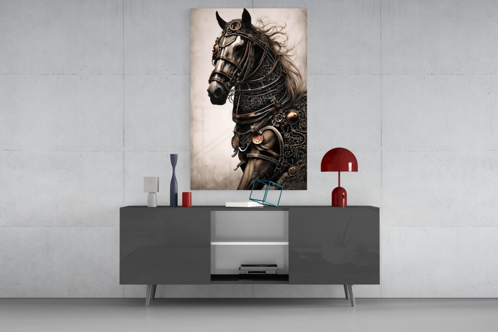Warrior's Horse panel catching lamp light to reveal its painterly grandeur