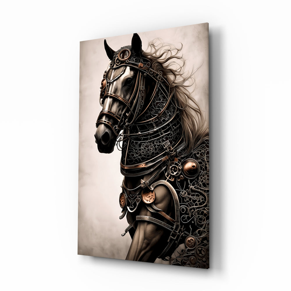 Warrior's Horse glass wall art displayed above a desk in a contemporary study