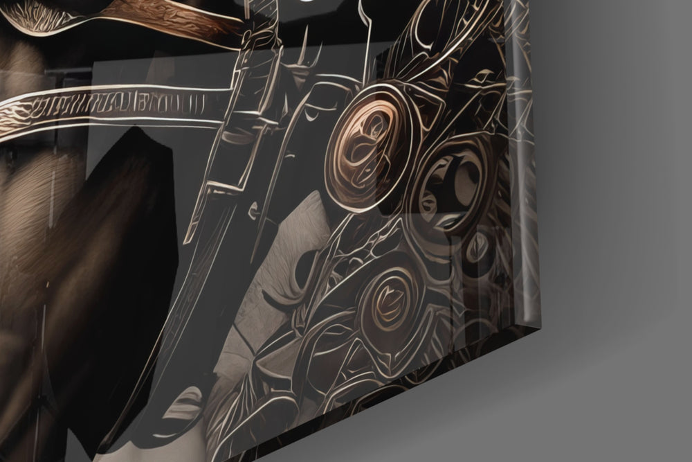Armored-muse artwork anchoring a wall with sepia-and-copper palette