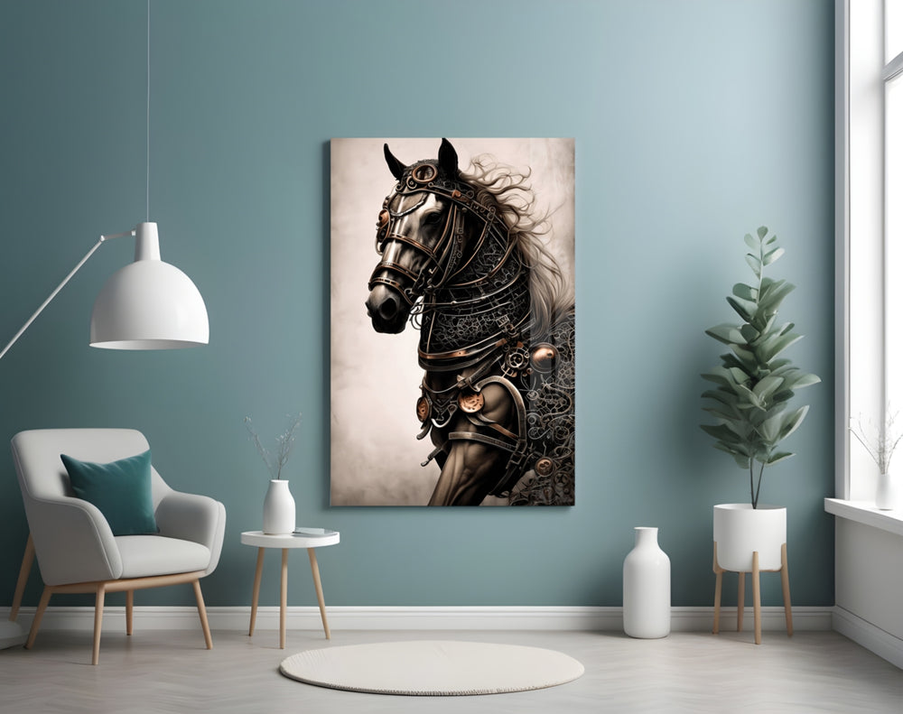 Warrior's Horse glass wall art styled above a leather chesterfield in a library