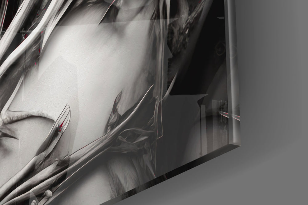 Thorned-muse artwork anchoring a wall with crimson-and-onyx palette
