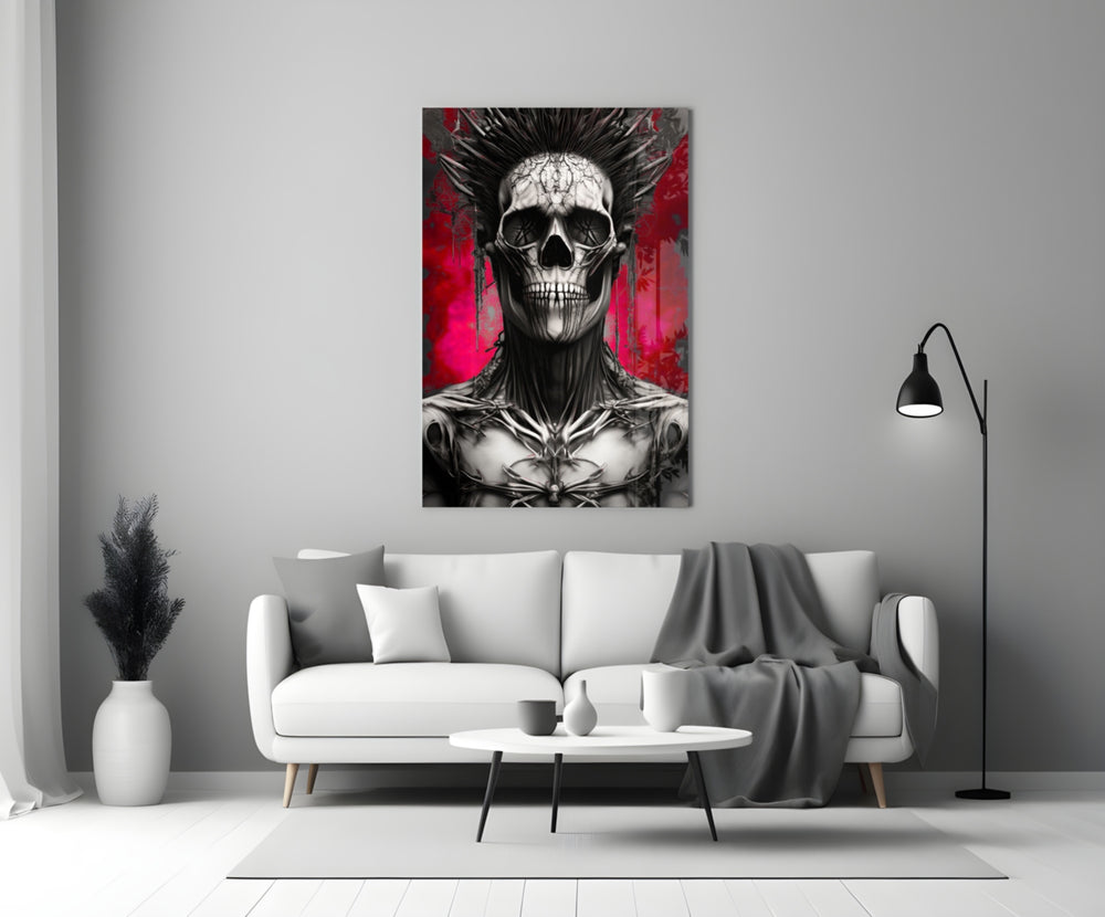 Warrior close-up showing veined skull and thorned chest on crimson wall