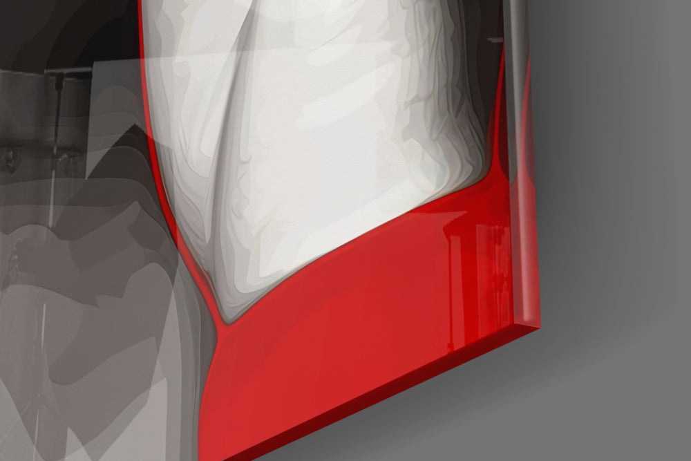 Smoke-curl-muse artwork anchoring a wall with scarlet-and-graphite palette