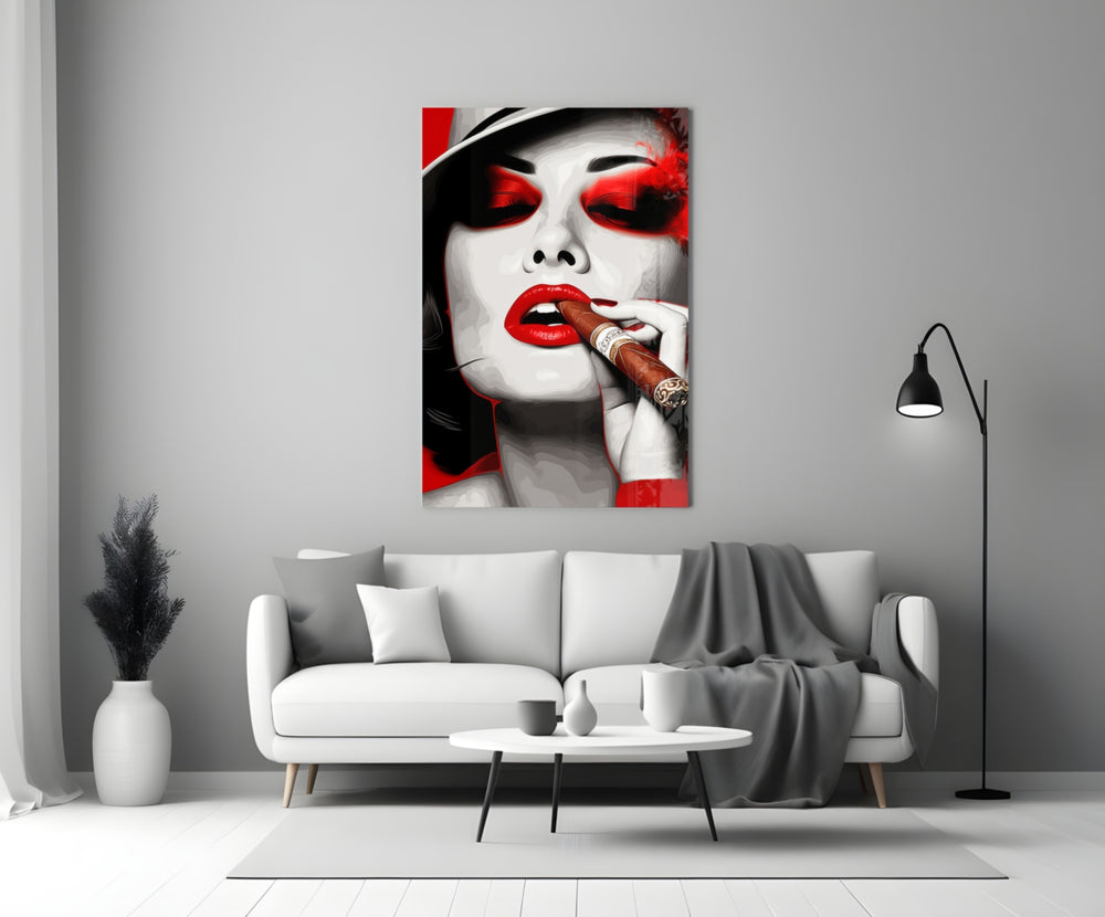 Cuban close-up showing red lips, cigar and crimson smoke