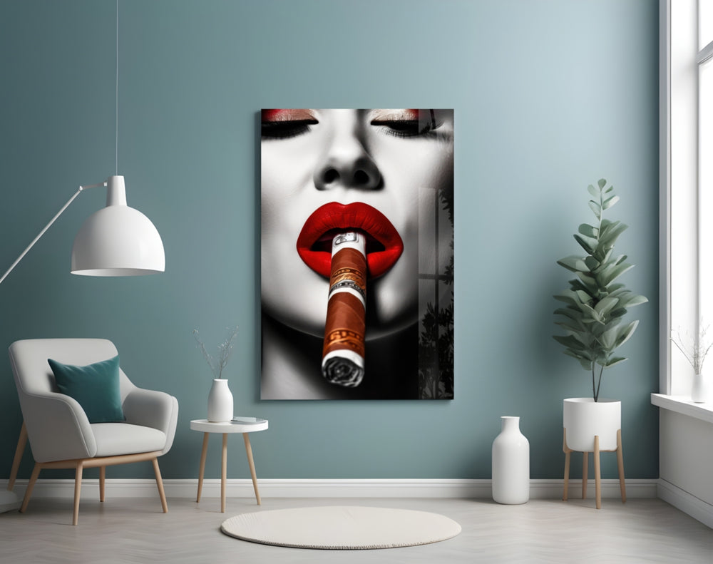 Cuban glass wall art styled above a velvet bench in a dressing room