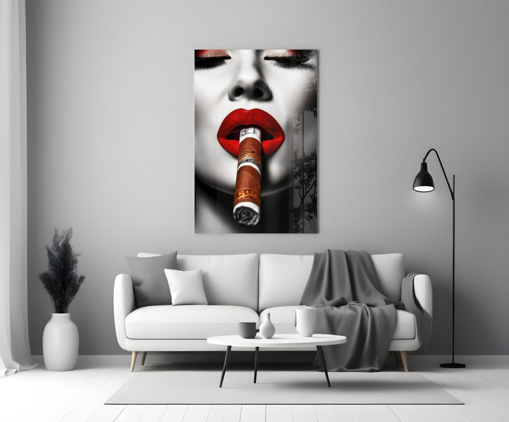 Cuban close-up showing crimson lips around a banded cigar