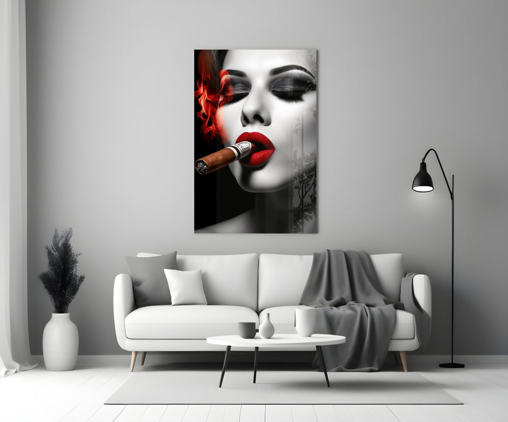 Cuban close-up showing red lips, cigar and ribboned scarlet smoke