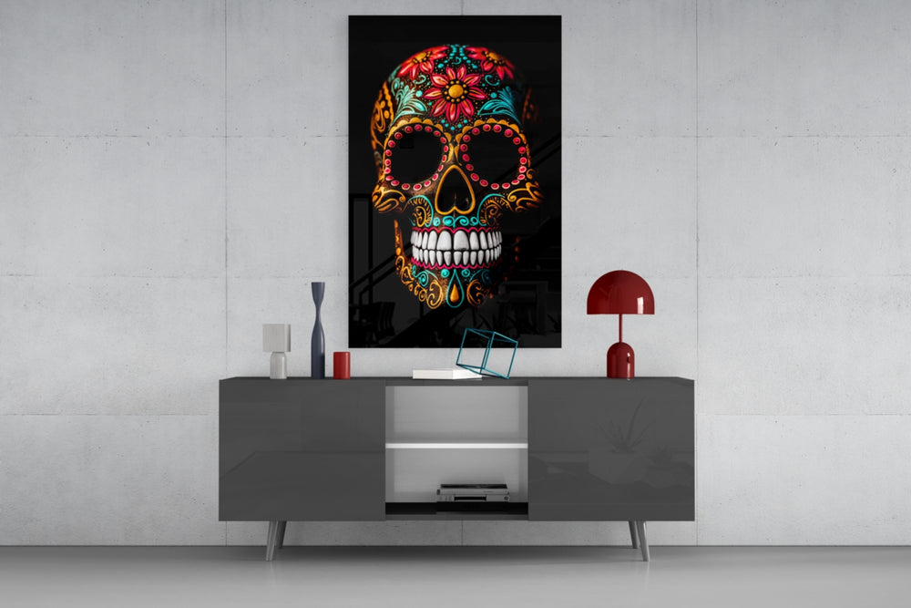 Flowery Skull panel catching lamp light to reveal its festive depth