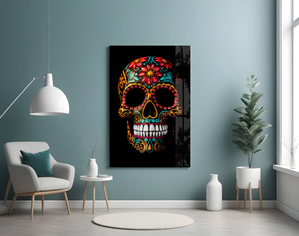 Flowery Skull glass wall art styled above a console in a gallery wall