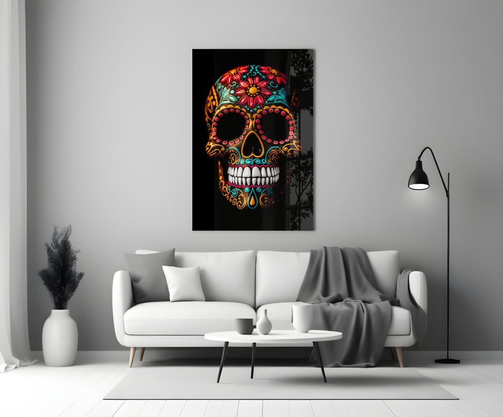 Flowery Skull close-up showing crimson sunflower brow and turquoise scrollwork