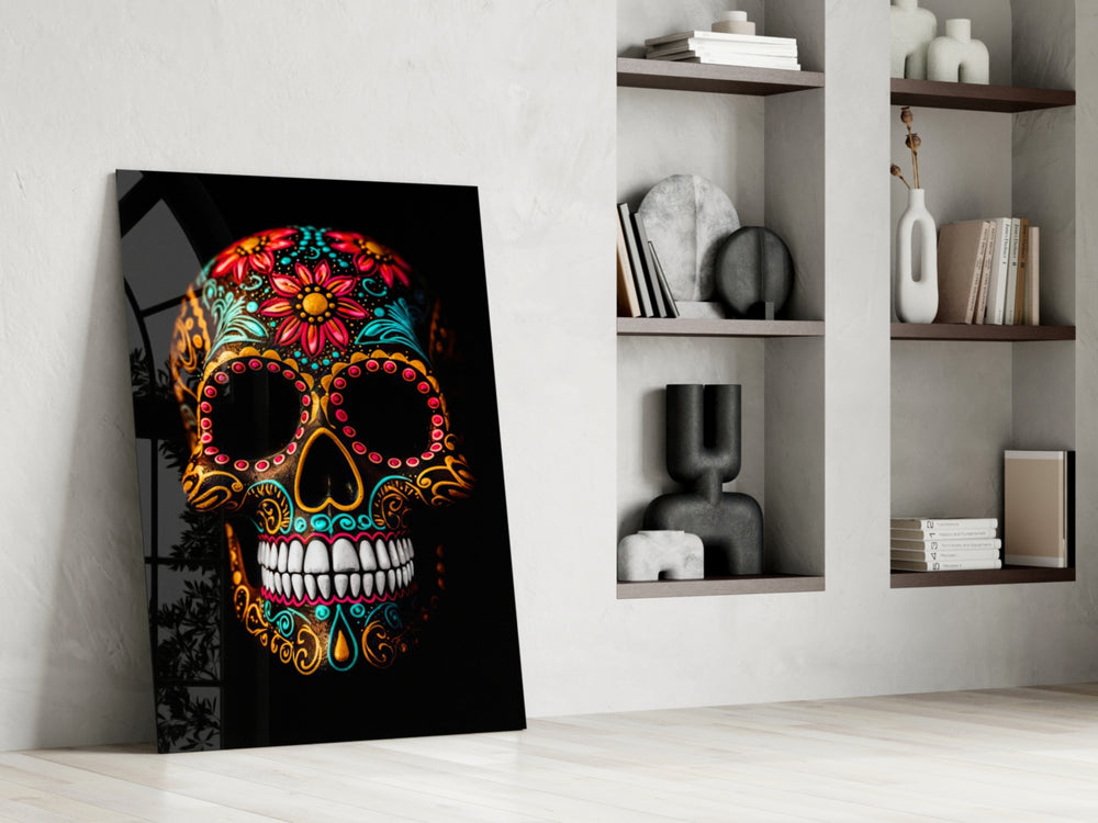 Flowery Skull glass print enhancing a den with folkloric palette