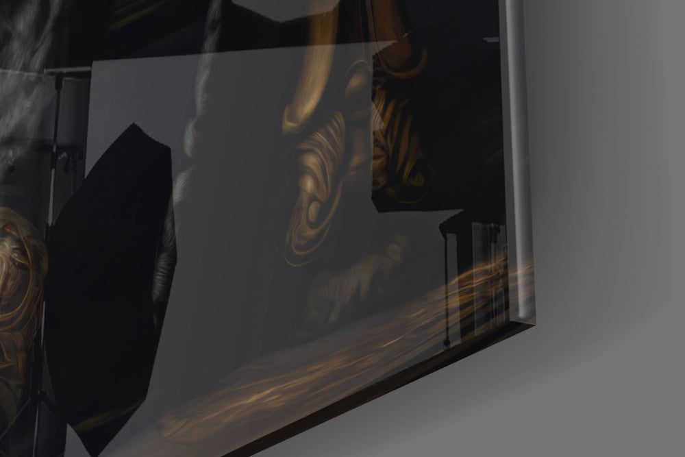 King-of-rock-muse artwork anchoring a wall with onyx-and-gold palette