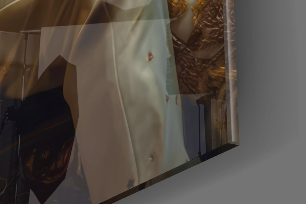 King-of-rock-muse artwork anchoring a wall with cream-and-gold palette