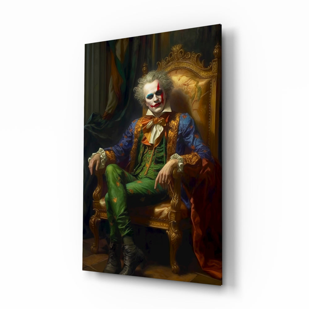 Clown and the Throne glass wall art displayed above a leather chesterfield in a study