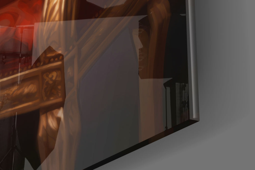 King-of-pop-muse artwork anchoring a wall with cream-and-gold palette