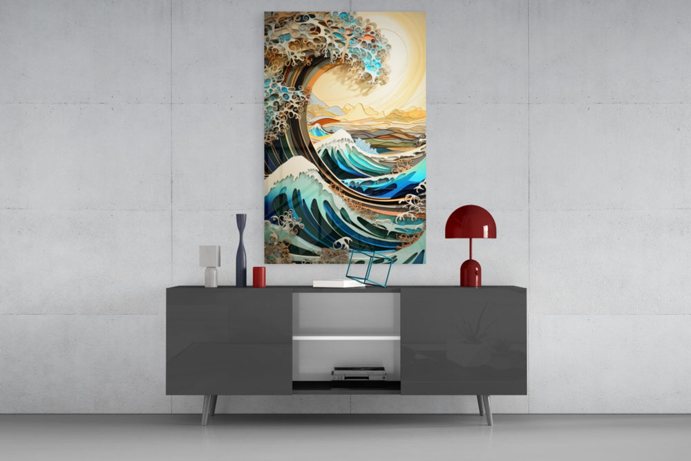 Waves, Trees or Mountains panel catching lamp light to reveal its quilled depth