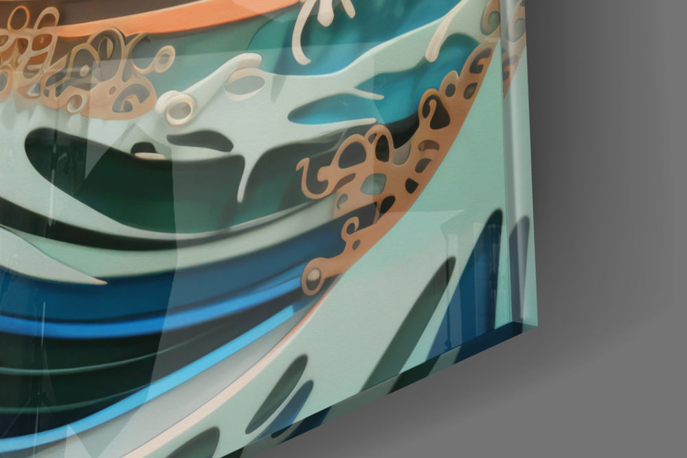 Wave-muse artwork anchoring a wall with indigo-and-amber palette