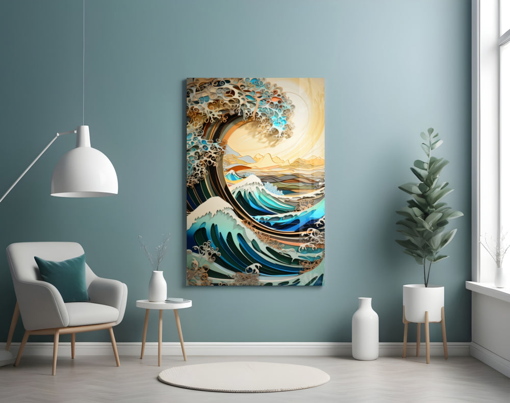 Waves, Trees or Mountains glass wall art styled above a console in a hallway