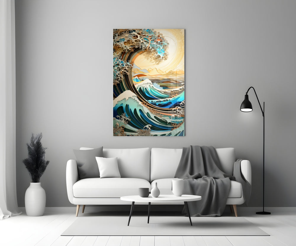 Waves, Trees or Mountains close-up showing filigree foam coils and amber mountain horizon